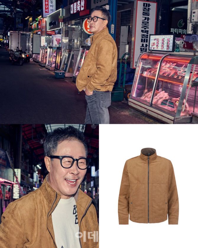 임성근 셰프가 올젠 스웨이드 블루종을 착용한 모습과 상품 이미지 (사진=임성근 셰프 SNS·올젠 상품페이지 캡처)