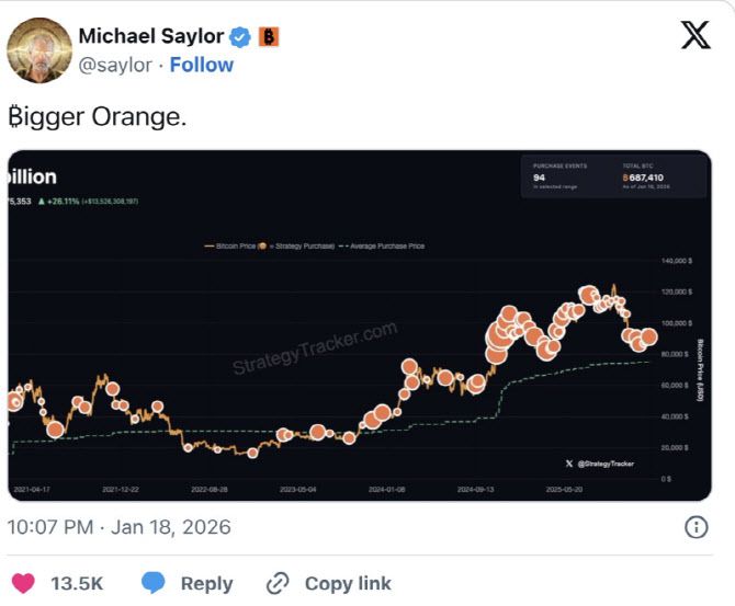 세일러 의장이 18일(현지시간) 자신의 X에 올린 포스팅