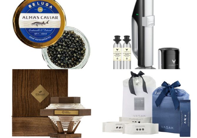 알마스 벨루가 캐비어(왼쪽부터), 코라빈 스파클링 기프트, 오마누카 프리미엄 리저브 그랑크루, 바삭 스페셜 선물세트 (사진=한화갤러리아)