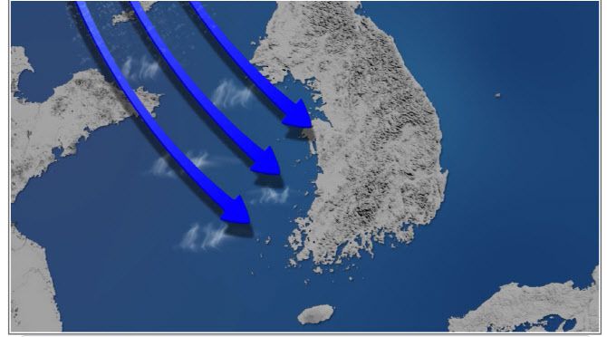 해기차(해수면 온도와 대기 기온 차) 강설 모식도. 차가운 북서풍이 한반도로 불며 상대적으로 따뜻한 서해안 바다를 지나 눈구름대가 생긴다. (사진=기상청)
