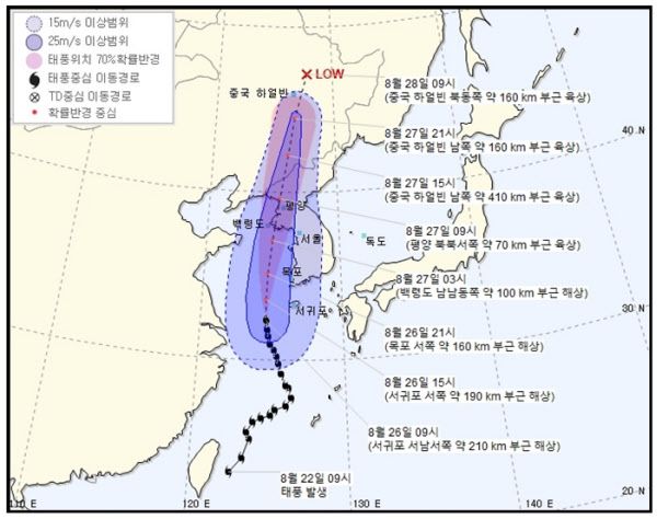 제8호 태풍 '바비' 예상 진로(26일 오전 10시 기준)/기상청