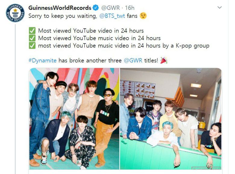 영국 기네스 월드 레코드 측이 1일 트위터에 올린 방탄소년단의 기네스 세계기록 발표 화면. /트위터