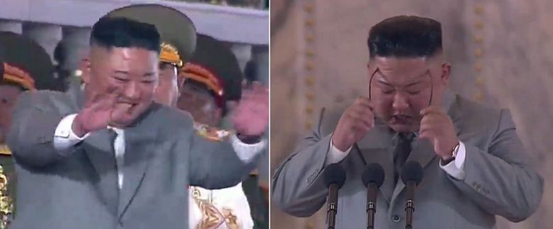 북한이 10일 노동당 창건 75주년 기념 열병식에서 김정은 위원장이 연설 도중 울컥한 듯 안경을 벗고 눈물을 훔치고 있다(오른쪽). 신형 ICBM이 등장하자 손을 흔들고 있다. /조선중앙TV 연합뉴스