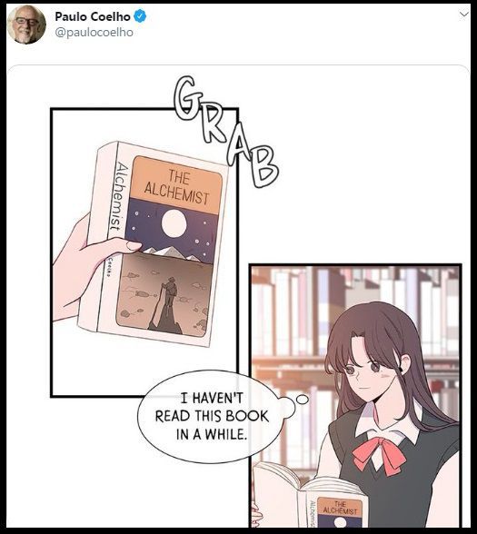 파울로 코엘료가 자신의 트위터에 올린 한국 웹툰 아는 여자애의 한 장면. 여주인공이 그의 소설 연금술사를 읽고 있다. /트위터