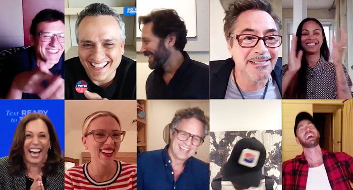 '어벤저스' 지지받은 해리스 - 카멀라 해리스(아랫줄 맨 왼쪽) 미 민주당 부통령 후보가 20일(현지 시각) 영화‘어벤저스궩 출연진 및 감독들과 화상 회의 프로그램‘줌(Zoom)’을 통해 민주당 대선 기금 모금 행사를 열고 있다. 윗줄 맨 왼쪽부터 시계방향으로‘어벤저스’시리즈 감독 루소 형제(앤서니 루소·조 루소), 폴 러드(앤트맨 역), 로버트 다우니 주니어(아이언맨 역), 조이 살다나(가모라 역), 크리스 에번스(캡틴 아메리카 역), 돈 치들(워 머신 역), 마크 러펄로(헐크 역), 스칼릿 조핸슨(블랙위도우 역). /카멀라 해리스 트위터