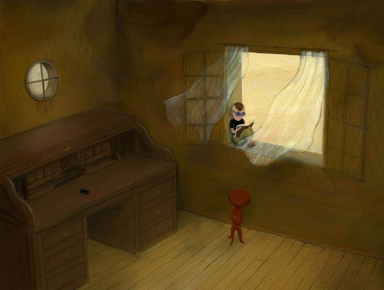 그림책 '고개를 들면 보이는 것들'의 한 장면. 낯선 집으로 이사를 간 로렌조는 방 한쪽에 놓인 커다란 책상에서 오래된 노트를 발견한다. '로렌조가 창문을 열자 신선한 바람이 방 안을 가득 채웠어요. 로렌조는 노트를 펼쳤어요.' /지양사