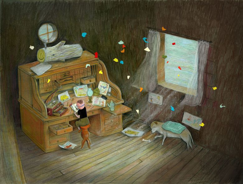 그림책 '고개를 들면 보이는 것들'의 마지막 장면으로, 로렌조가 그레오리오에게 선물 받은 그림 도구로 새로운 희망을 그리고 있다. /지양사