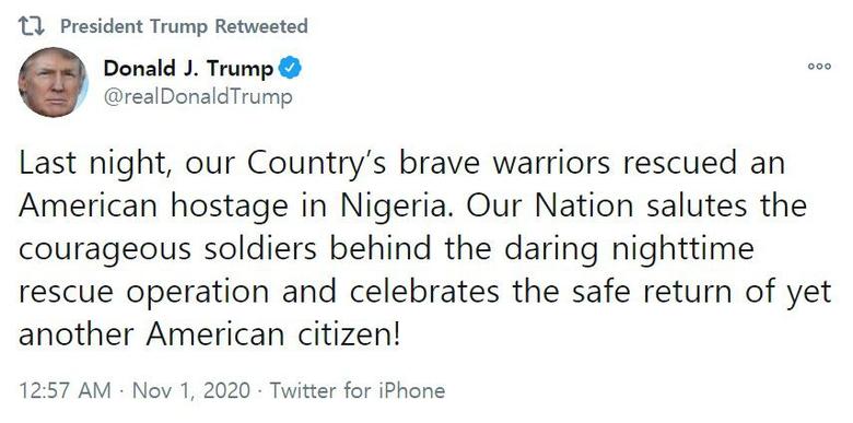트럼프 대통령이 지난달 31일 인질 구출 작전을 성공한 미 해군특전단을 격려하는 내용의 트윗. /도널드 트럼프 미 대통령 트위터 계정.