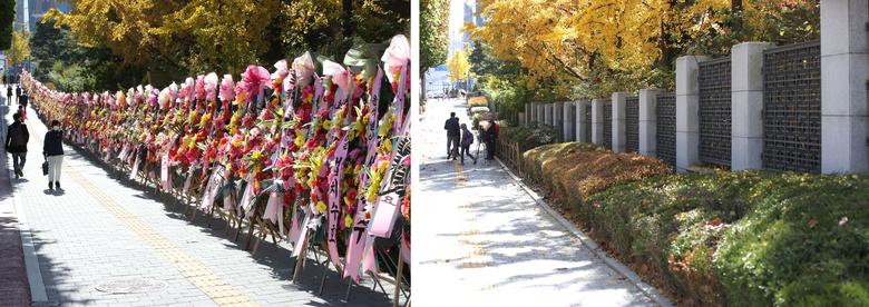 보수단체 회원들이 2일 오전 서울 서초구 대검찰청 앞의 윤석열 검찰총장 응원 화환을 자진 철거했다. 사진은 지난 29일 대검찰청 앞에 줄지어선 화환(왼쪽)과 2일 오전 철거되어 비어있는 모습을 이어붙였다. /뉴시스