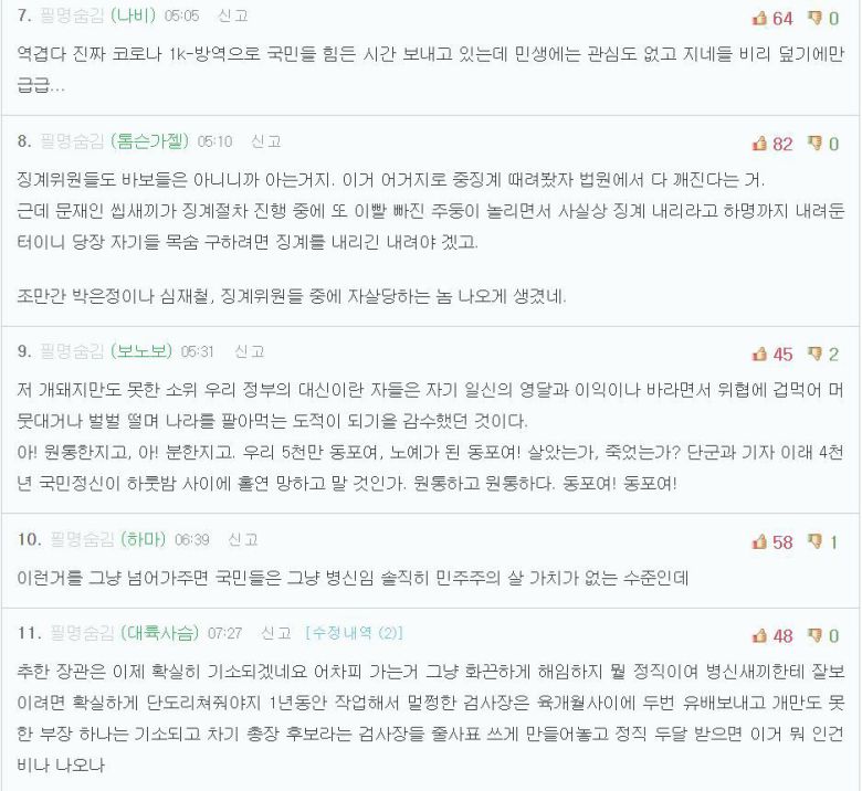 서울대 동문 커뮤니티 '스누라이프'에서 윤석열 검찰총장 징계 소식을 공유한 글에 달린 댓글들 /스누라이프 캡쳐