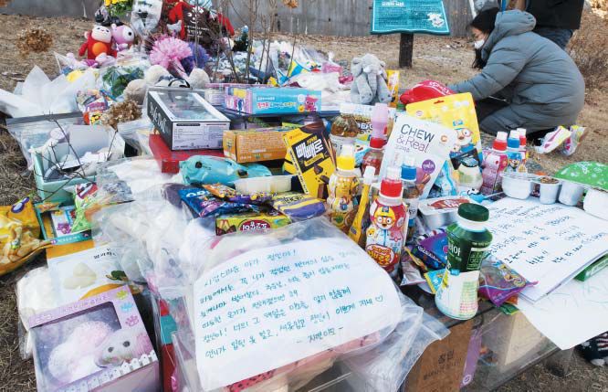 정인아, 하늘에선 뽀로로 주스·과자 맘껏 먹으렴 - 양부모의 학대로 생후 16개월에 숨진 정인이를 추모하는 시민들의 발길이 이어지고 있다. 5일 오후 경기도 양평군 하이패밀리 안데르센 공원묘지에 있는 정인이 무덤 앞에 시민들이 놓고 간 편지와 선물, 꽃 등이 수북이 쌓여 있다. /이태경 기자