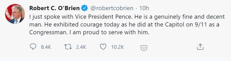 폭도들의 의사당 난입 사태를 용기있게 대응했다며, 펜스를 칭송한 오브라이언 백악관 안보보좌관의 트윗
