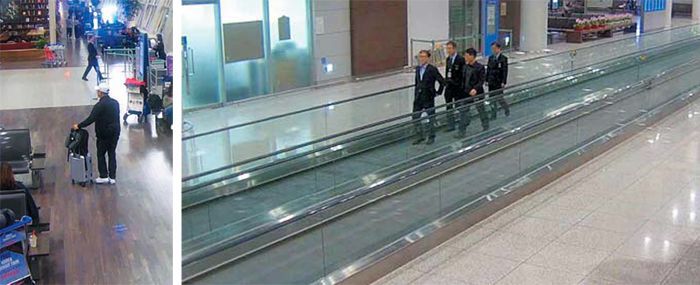 김학의 전 차관에 대한 긴급 출국금지 요청이 접수되기 전인 2019년 3월 22일 오후 11시 39분 인천공항 법무부 출입국 직원들이 김 전 차관을 찾아 출국을 제기하기 위해 탑승구로 이동하고 있다(오른쪽). 거의 같은 시간인 오후 11시 40분 김 전 차관은 출국심사대를 통과한 뒤 탑승구 앞에서 태국행 비행기를 기다리고 있었다(왼쪽)./인천공항 CCTV