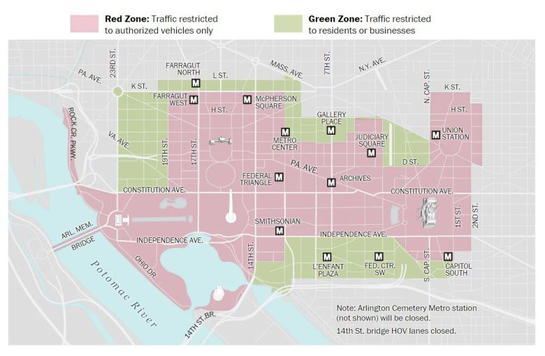 워싱턴DC 시내의 레드존과 그린존 구역. 레드존에는 특별 허가를 받은 차량만 진입할 수 있고, 그린존에는 해당 지역과의 관련성이 확인된 차량, 주민, 사업자만 통과할 수 있다. /워싱턴포스트 캡처