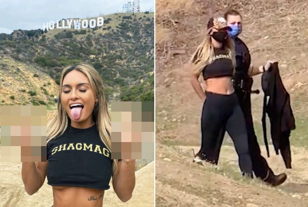 성인 온라인 잡지사 샥맥(ShagMag)을 운영 중인 줄리아 로즈가 할리우드를 상징하는 간판 기호인 'HOOLYWOOD'를 변경·훼손한 'HOOLYBOOB'을 배경으로 욕설을 의미하는 포즈를 취한 뒤 사진을 찍고 있다. /트위터