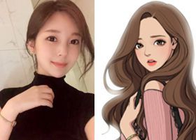 얼굴이 공개된 웹툰 작가 야옹이(왼쪽)와 그가 그린 웹툰 ‘여신강림’의 여주인공.