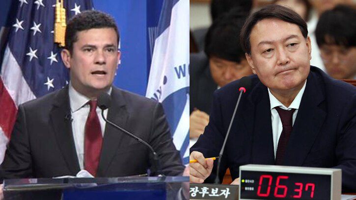 지난 2016년 브라질의 반부패 척령에 대해 우드로윌슨센터에서 연설 중인 모루 법무장관(왼쪽·당시 연방법원 판사)과 2019년 7월 당시 후보자 신분으로 인사청문화에 참석한 윤석열 검찰총장. /우드로윌슨센터·국회사진기자단