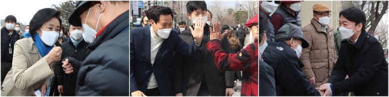 휴일인 28일 서울시장 보궐선거에 출마하는 더불어민주당 박영선 후보(왼쪽부터)와 국민의힘 오세훈 후보, 국민의당 안철수 후보가 시민들을 만나 인사하고 있다.     민주당 박영선 후보는 오전 중구 '한양도성 순성길'을, 국민의힘 오세훈 후보는 마포구 경의선숲길을, 국민의당 안철수 후보는 금천구 한 재건축 추진 아파트를 방문했다. 2021.3.21 [국회사진기자단]