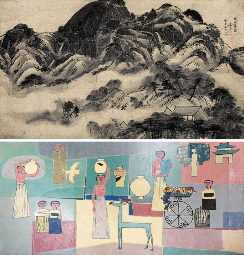 이건희 컬렉션… 국보 216호 정선의 '인왕제색도'와 김환기의 '여인들과 항아리' - 겸재 정선의 '인왕제색도'(국보 제216호·왼쪽)와 김환기 그림 '여인들과 항아리'. 이건희 회장이 국가에 기증한 2만3000여점 중 으뜸으로 꼽힌다. 안개가 피어나는 인왕산 정경을 묘사한 '인왕제색도'는 이건희·홍라희 부부의 '1호 컬렉션'이고, '여인들과 항아리'는 한국에서 가장 비싼 화가 김환기의 그림 중에서도 가장 규모가 큰 그림(281×568㎝)이다. /국립중앙박물관·국립현대미술관