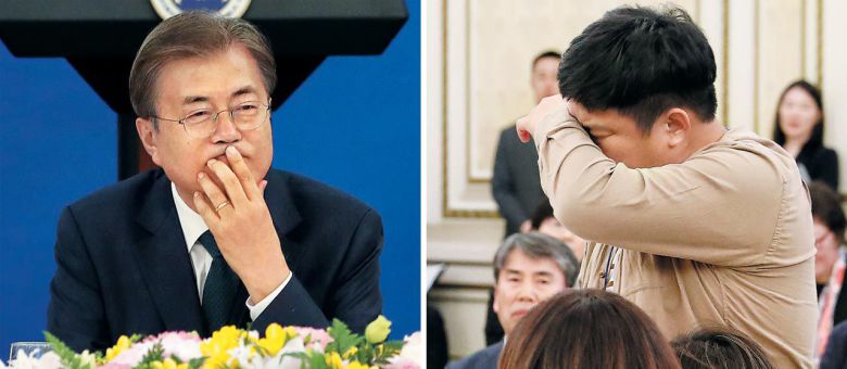 "청년정책 나아진 게 없어요" 대통령 앞에서 울어버린 청년 - 엄창환(오른쪽 사진) 전국청년정책네트워크 대표가 2019년 청와대 영빈관에서 열린 시민사회단체 초청 간담회에서 "정권이 바뀌었는데 청년 정책은 달라진 게 없다"고 말하다 눈물을 흘리고 있다. 왼쪽 사진은 엄 대표의 발언을 듣는 문재인 대통령의 모습. 이날 간담회에는 참여연대·소비자연맹 등 진보·보수 성향 시민단체와 정부 관계자 등 100여명이 참석했다.
