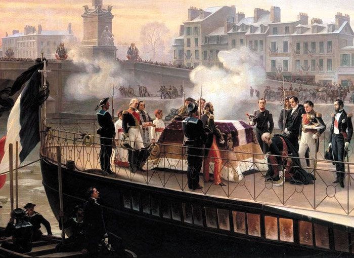 파리 인근에 도착하는 유해 - 나폴레옹이 죽은 지 20년 뒤에야 비교적 온전히 보존됐던 그의 시신과 유품들이 다시 프랑스로 돌아올 수 있었다. 전쟁 화가 앙리 펠릭스 에마뉘엘 필리포토의 그림 ’1840년 12월 14일 쿠르브부아(파리 교외 도시)에 도착하는 나폴레옹의 유해’. /위키피디아