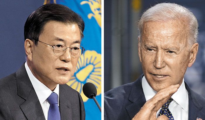 문재인 대통령이 지난 10일 청와대 춘추관에서 취임 4주년 특별연설을 마친 후 취재진의 질문에 답변하고 있다(왼쪽 사진). 오른쪽 사진은 조 바이든 미국 대통령이 지난 3일(현지 시각) 버지니아주 포츠머스에 있는 타이드워터 칼리지를 방문해 자신의 교육·복지 정책에 관해 연설을 하고 있는 모습. 바이든 대통령은 한미 정상회담을 나흘 앞둔 17일 코로나 백신 2000만회분을 다른 나라들과 공유할 것이라고 밝혔다. /뉴시스·AP 연합뉴스