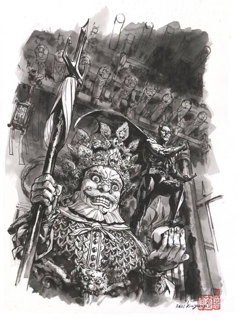 한국 만화가 김정기가 한국판 '배트맨' 표지용으로 그린 배트맨이 서울 모처의 사천왕상 옆에 앉아있다. /DC코믹스