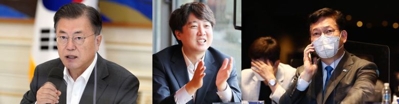 왼쪽부터 문재인 대통령, 이준석 국민의힘 대표, 송영길 더불어민주당 대표/조선DB·연합뉴스