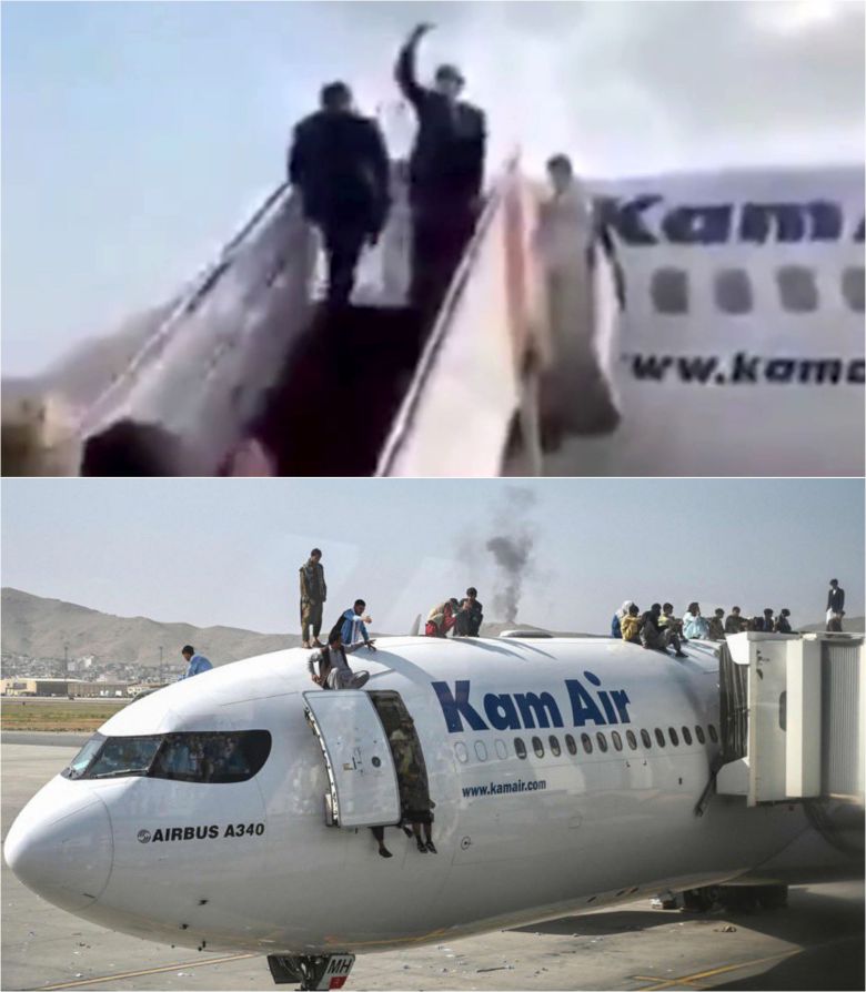 '도망가는 대통령,탈출 못하는 국민들' 지난 지난 15일(현지 시각) 아프가니스탄 수도 카불이 탈레반에 의해 점령되자 비행기를 타고 도망가며 손을 흔드는 아프가니스탄 대통령 아슈라프 가니(72)의 모습(위 사진)이 포착된 가운데 16일 아프간 카불의 공항에서 공항 폐쇄로 더 이상 민간 항공기가 떠날 수 없는 사태속에 일부 아프간 민간인들이 항공기에 올라가 있다./트위터