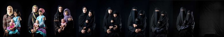 예멘 작가 보시라 알무타와켈이 지난 5월 인스타그램에 올린 사진 작품. 탈레반 장악으로 암흑기를 맞게 된 아프가니스탄 여성들의 처지를 연상시킨다. 작품에 등장하는 이슬람권 모녀의 사진은 머리카락과 목만 가린 스카프 ‘히잡’을 쓰던 모습( 왼쪽)에서 얼굴을 제외한 전신을 가리는 ‘차도르’차림으로 바뀌고, 종국에는 전신을 덮고 눈 부위까지 망사로 가린 ‘부르카’를 입었다. 오른쪽 마지막 사진에는 여성들의 암흑기를 상징하듯 온통 검정뿐이다./인스타그램  Bushra Almutawakel