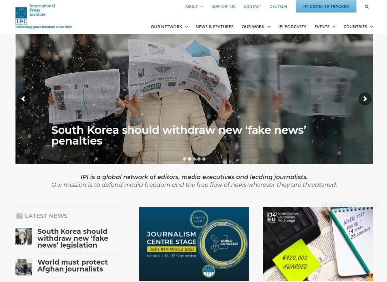 한국은 가짜뉴스 처벌법을 철회해야 한다는 내용의 성명서를 게재한 IPI홈페이지