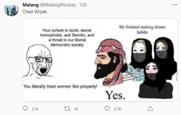 탈레반의 한 병사가 19일 트위터에 올린 그림. 탈레반을 비판하는 목소리에 "맞다"고 답한 남성 뒤에 세 명의 부인이 그려져 있다.  /트위터 @MalangKhostay