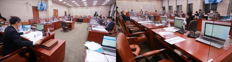 25일 새벽 서울 여의도 국회에서 열린 법제사법위원회 전체회의에서 국민의힘 의원들이 퇴장한(오른쪽) 가운데 회의가 진행되고 있다.  /연합뉴스