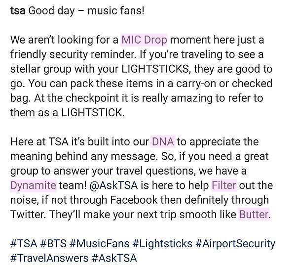 TSA 게시글에 활용된 방탄소년단의 노래 제목들./TSA 인스타그램