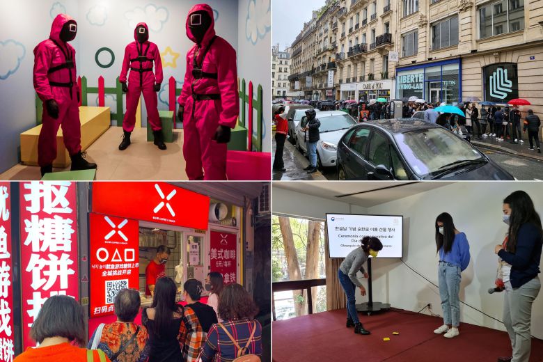 글로벌 흥행을 이어가고 있는 넷플릭스 한국 오리지널 시리즈 '오징어 게임'이 공개 26일 만에 전 세계 1억 이상의 가구에서 시청된 것으로 집계됐다. 사진은 해외의 '오징어게임' 열풍 사례들. 왼쪽 위부터 시계방향으로 프랑스 파리에 들어선 오징어게임 팝업스토어, 오징어게임을 체험하기 위해 모여든 파리 시민들, 오징어게임에 등장한 전통놀이인 딱지치기를 하는 멕시코인들, 중국 상하이에 들어선 달고나 가게. /연합뉴스
