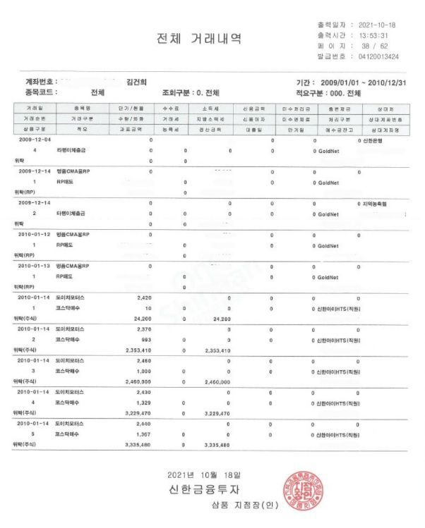 윤 전 총장 측이 공개한 김건희씨 주식거래내역 중 일부. /윤석열 캠프