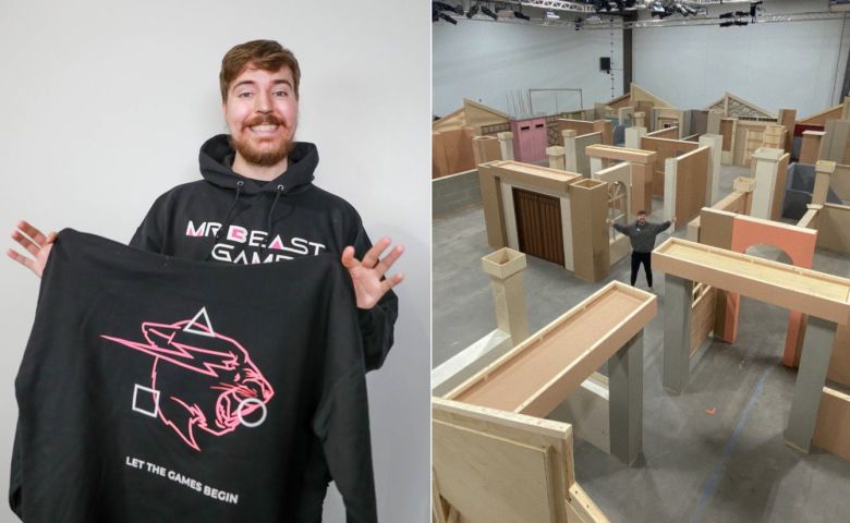 유튜버 미스터 비스트가 '오징어 게임' 실사판 제작 비용 모금을 위해 판매한 티셔츠(왼쪽)와 '오징어 게임' 세트장 제작 현장./미스터 비스트 트위터