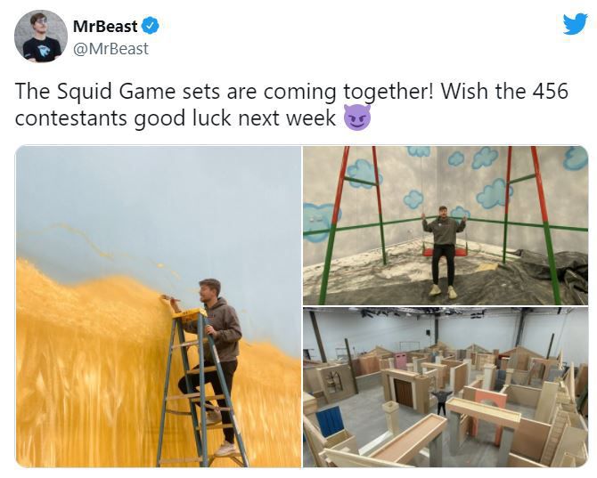 유튜버 미스터 비스트가 공개한 '오징어 게임' 실사판 세트장 제작 현장./미스터 비스트 트위터