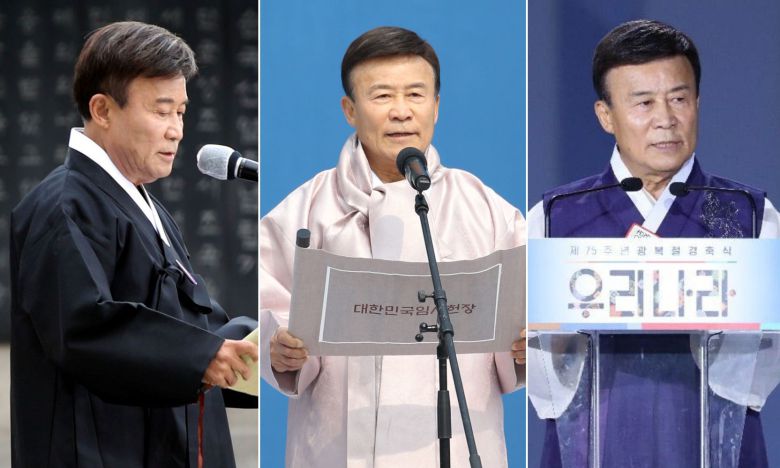 김원웅 광복회장이 다양한 한복을 입고 행사에 나온 모습.보훈처는 최근 조사를 통해 김회장이 국회카페 수익금에서 횡령한 돈으로 한복 과 양복 수벌을 구입한 것으로 보인다고 밝혔다./사진=뉴스1·뉴시스