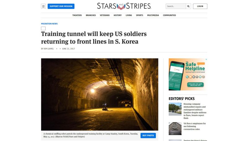 지난 2017년 5월 23일 미2사단이 캠프 스탠리에서 지하 터널 훈련을 실시한 것을 미 성조지가 화학물질 탐지 로봇이 지하 훈련 시설을 투입된 모습의 사진과 함께 보도했다./성조지