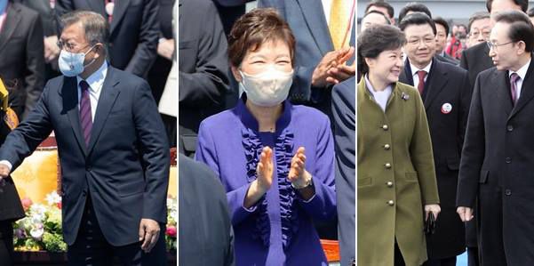 왼쪽부터 10일 윤석열 대통령 취임식에 참석한 문재인 전 대통령과 박근혜 전 대통령. 맨 오른쪽 사진은 2013년 박근혜 전 대통령 취임식에 이명박 전 대통령이 참석한 모습./공동취재단, 대통령 기록관