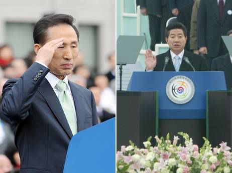 이명박 전 대통령과 노무현 전 대통령의 취임식 당시 모습./대통령기록관