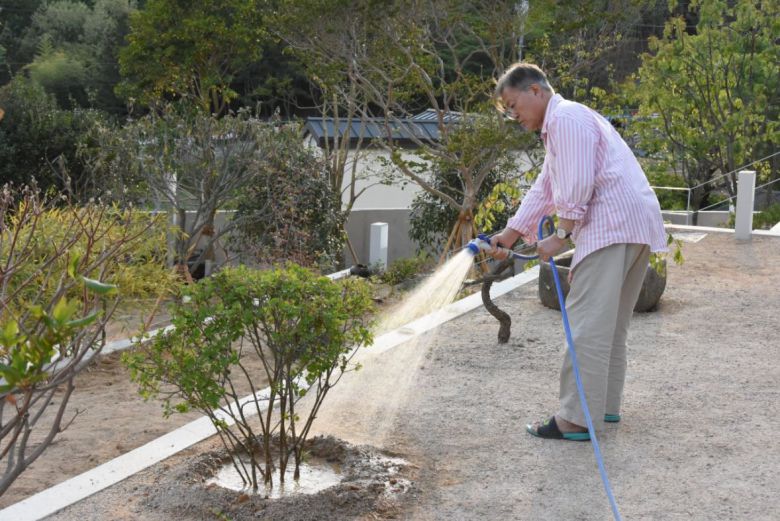 나무에 물 주고 있는 문재인 전 대통령/문재인 전 대통령 트위터