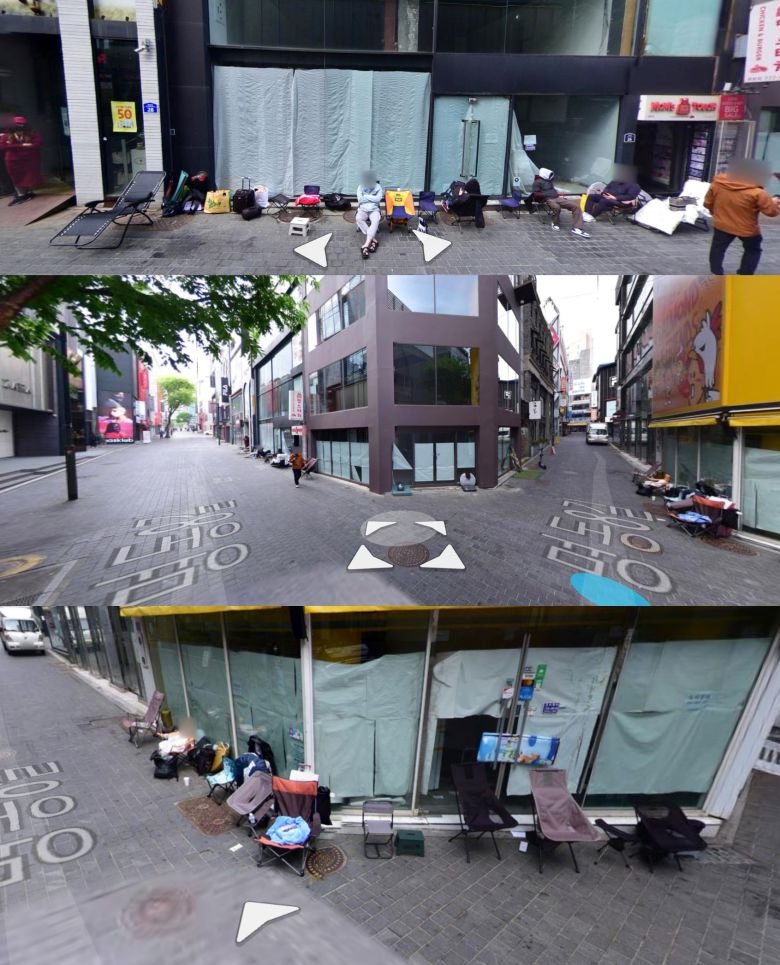 네이버 지도 '거리뷰'에 선명하게 찍힌 서울 중구 스와치 명동점 앞의 리셀러들. 이 사진은 지난 4월 촬영됐다. /네이버 지도 캡처