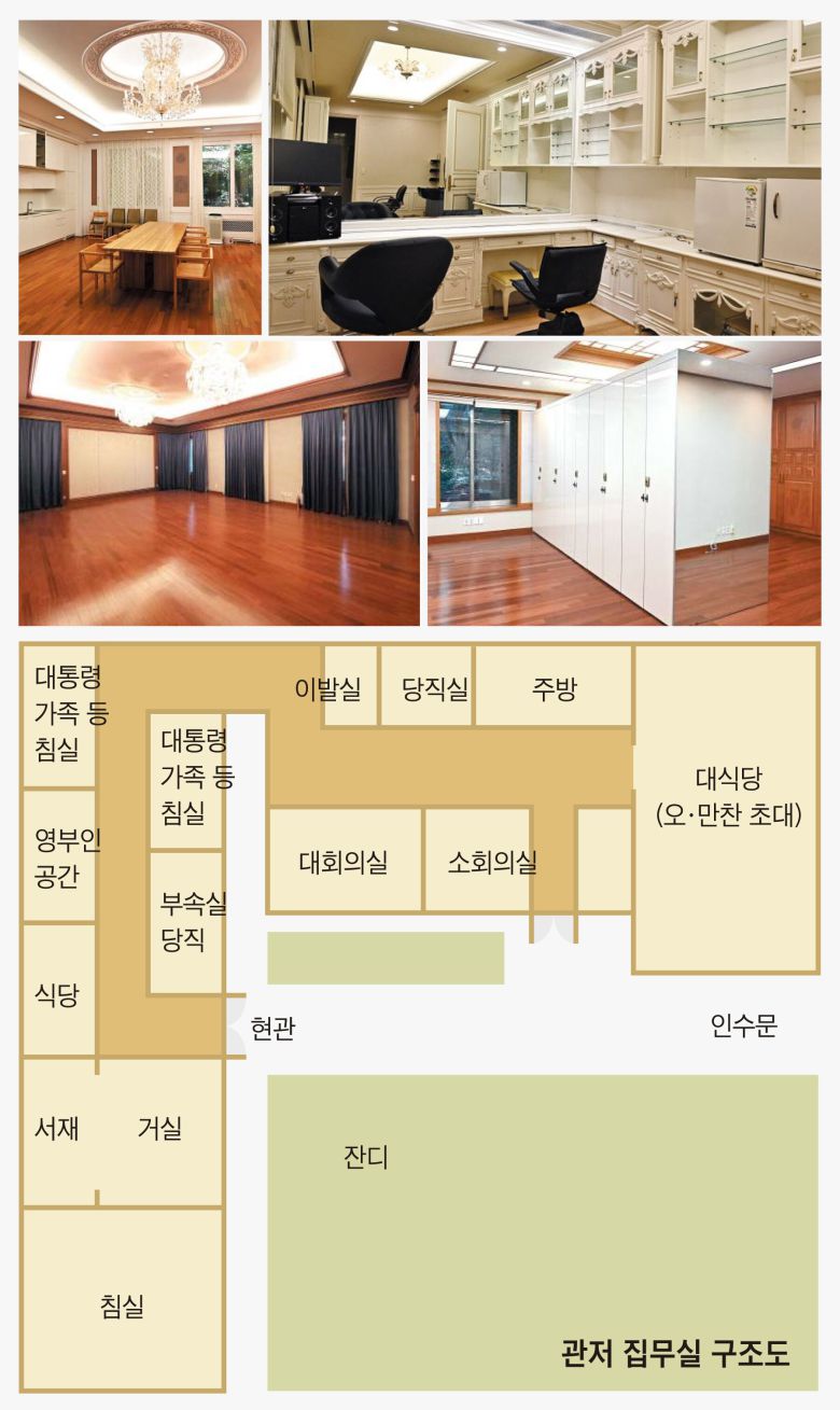 대통령실은 역대 대통령과 가족이 생활했던 청와대 관저 내부를 26일부터 일반인에게 개방하기로 하고 24일 먼저 사진을 공개했다. 왼쪽 위부터 시계 방향으로 주방, 메이크업실, 드레스룸, 침실의 모습이다. /대통령실