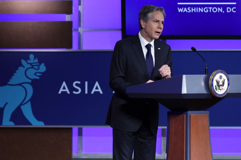 토니 블링컨 미 국무장관이 26일(현지 시각) 워싱턴DC 조지워싱턴대에서 대중국 전략을 발표하고 있다. /AFP, 연합뉴스