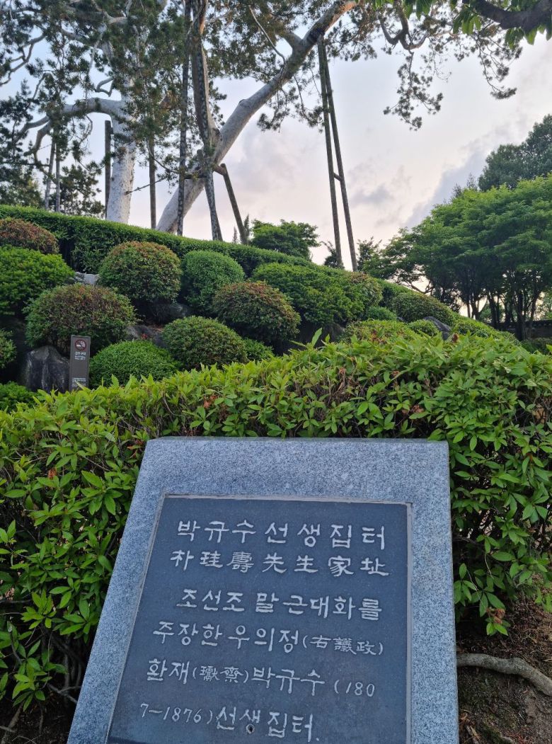 서울 종로구 재동 헌법재판소 역내(域內)에 있는 환재 박규수 선생의 집터 표시석(標識石). 뒤에 서 있는 백송(白松)은 환재의 고택에서부터 있던 것으로 현재 대한민국 천연기념물 8호로 지정돼 있다./송의달 기자