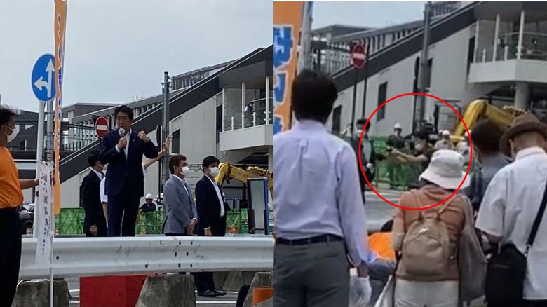 아베 신조(68) 전 일본 총리가 8일 선거 유세 도중 총에 맞아 쓰러져 심폐 정지 상태에 빠졌다. 사진은 총격 직전 연설 중인 아베 전 총리와 용의자의 모습. /온라인 커뮤니티
