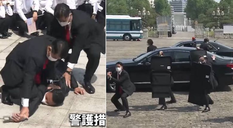 일본 경시청 경호원들이 지난 5월 모의 훈련 중 총격범을 제압하는 모습(왼쪽)과 요인을 안전하게 차 안으로 대피시킨 모습./유튜브