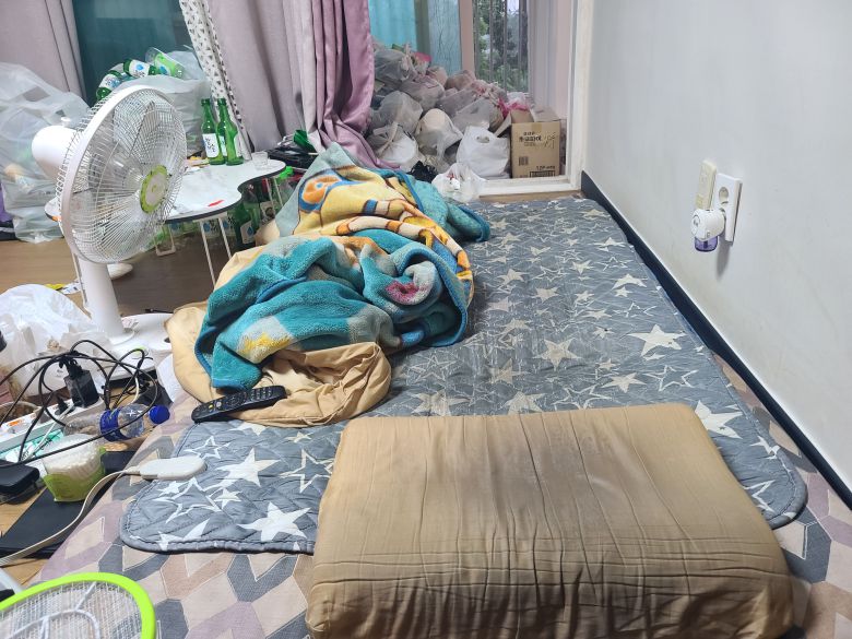 '쓰레기집'의 거실에 검게 얼룩진 매트리스와 베개가 놓여 있다. 이 집의 의뢰인은 업체 측에 "침구는 사용해야 하니 버리지 말아 달라"고 요청했다고 한다./채제우 기자